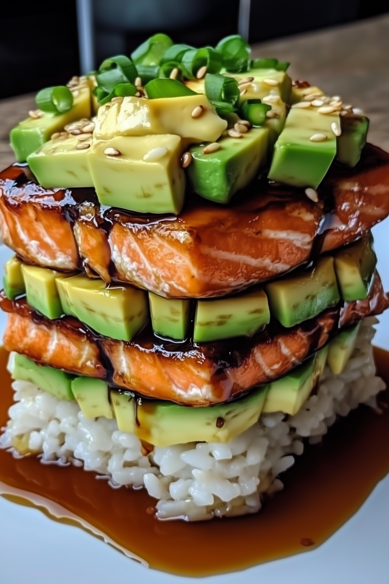 Teriyaki Salmon Avocado Rice Stack