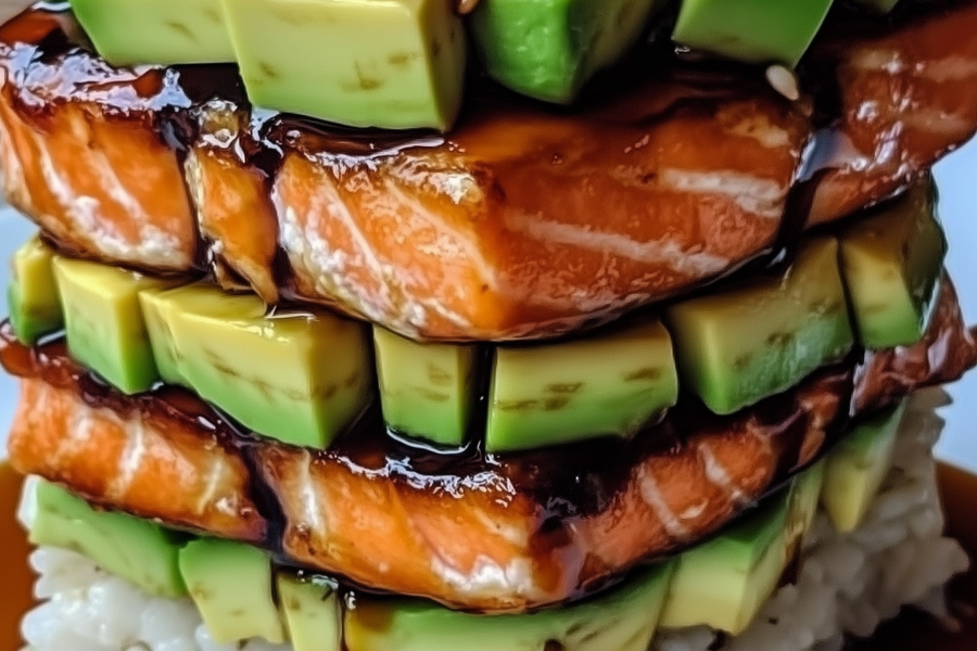 Teriyaki Salmon Avocado Rice Stack 1