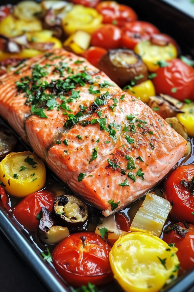 One Pan Roasted Salmon with Mediterranean Vegetables 1