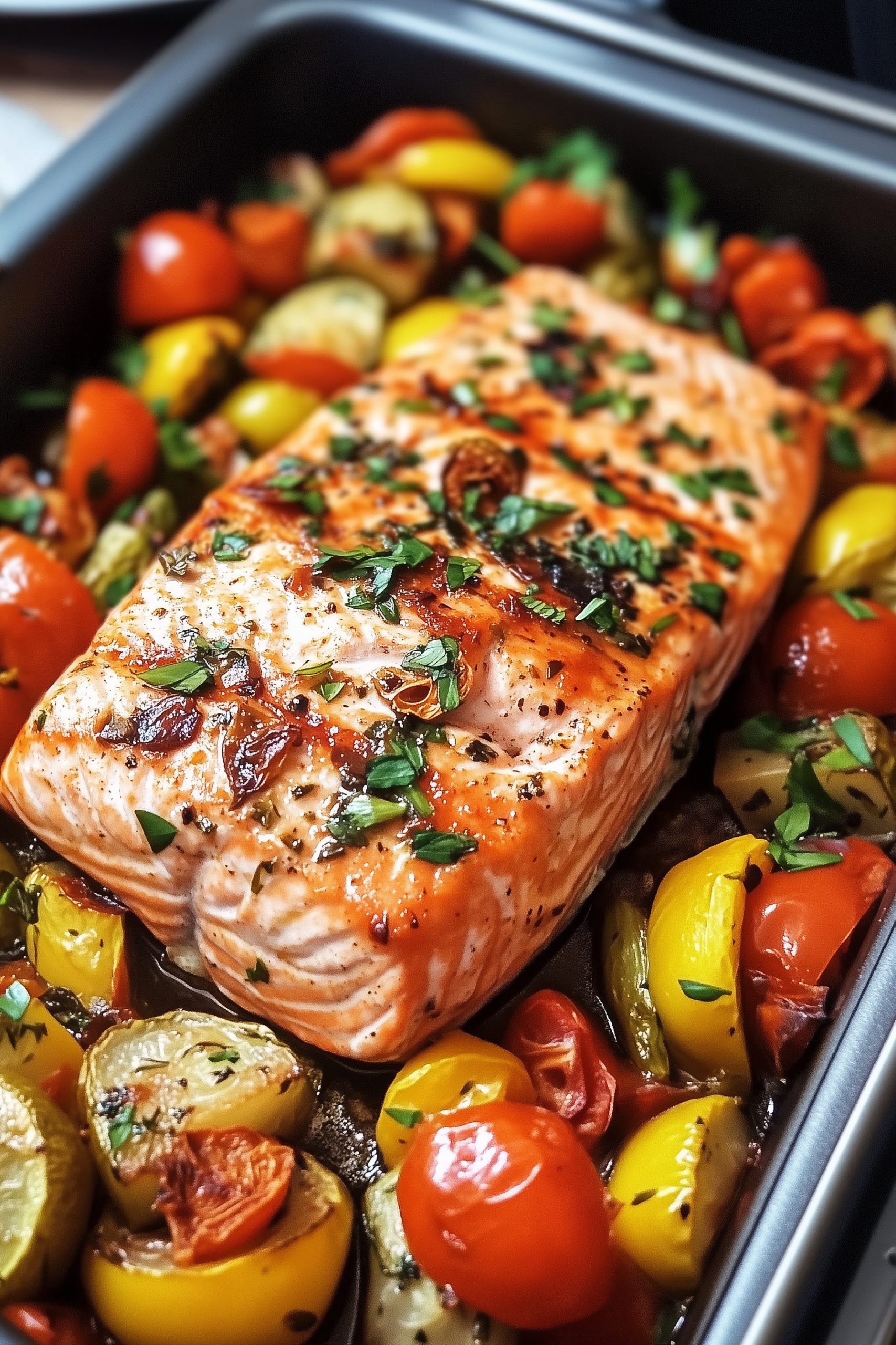 One Pan Roasted Salmon with Mediterranean Vegetables 2 scaled