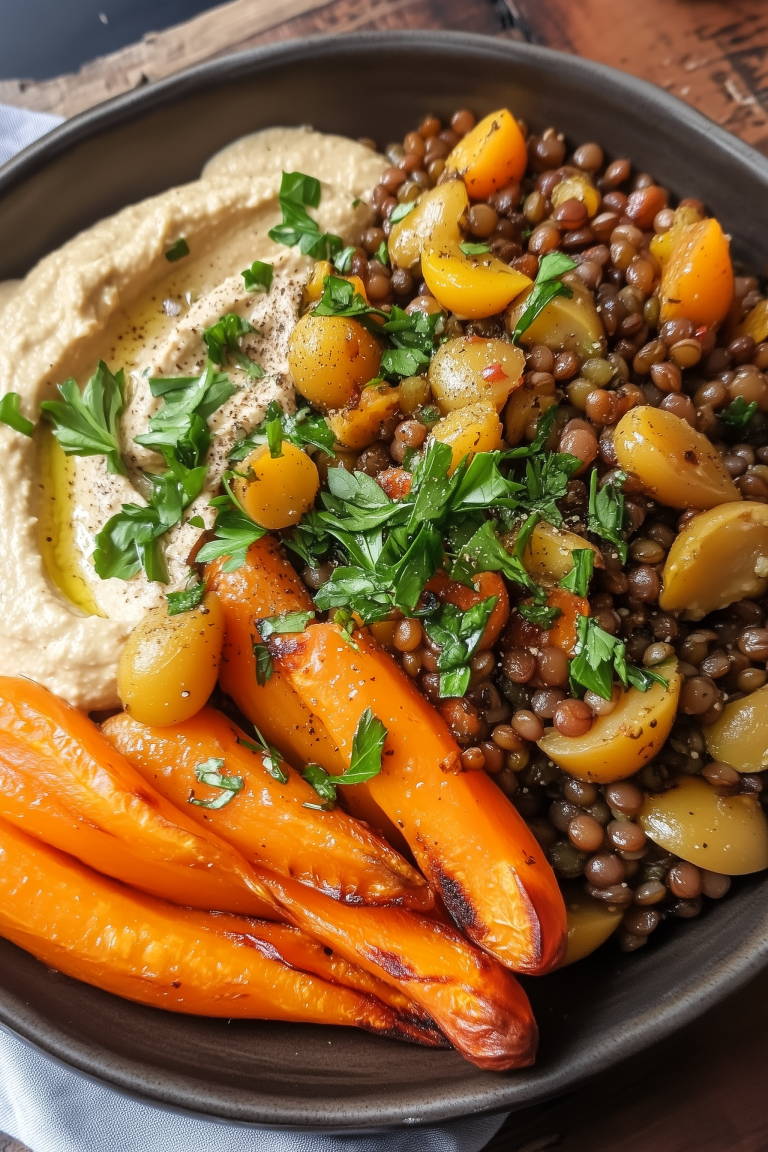 Roasted Carrot and Lentil Salad with Hummus 1